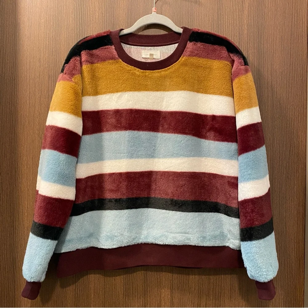 Lou‎ & Gray Faux Fur Striped Pullover Sweater Size Large Crewneck Ribbed Trim - Picture 3 of 14